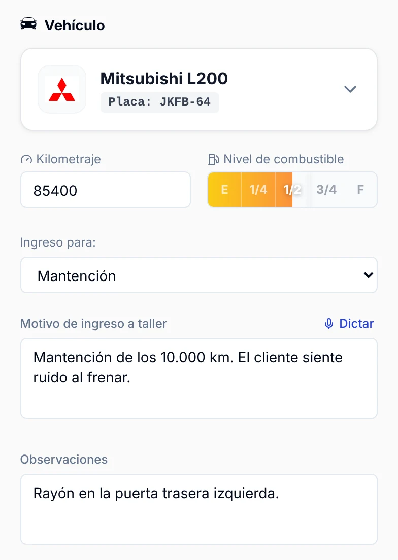 Datos del acta de recepción de vehículo en ServitechCloud: kilometraje, nivel de combustible, motivo de ingreso y observaciones