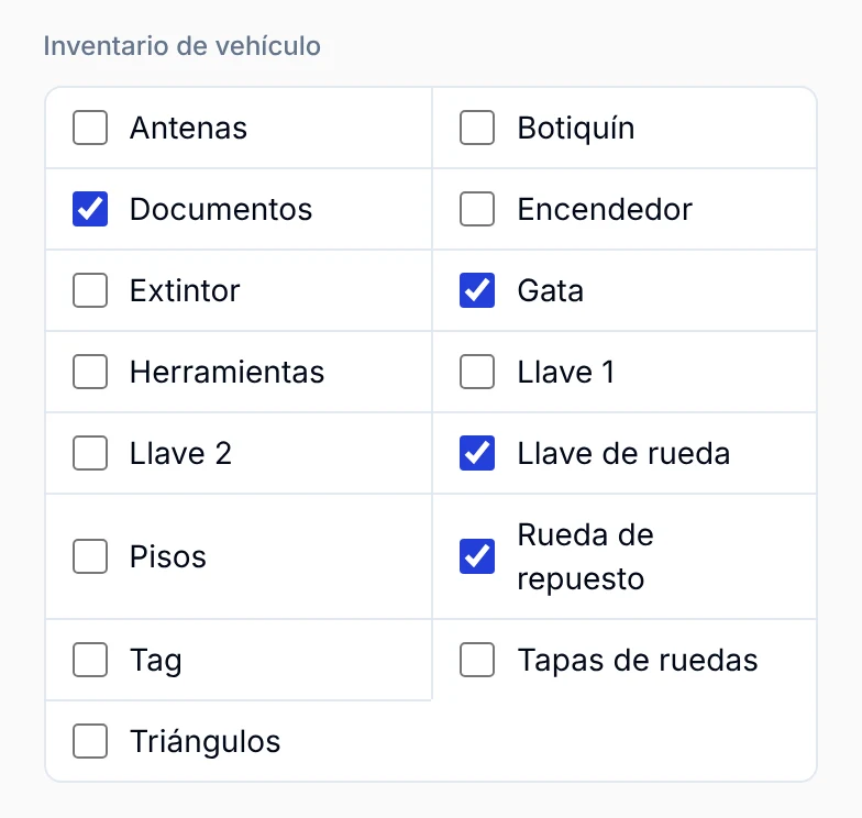 Inventario del vehículo al ingresar al taller: documentos, gata, llave de rueda y rueda de repuesto marcados