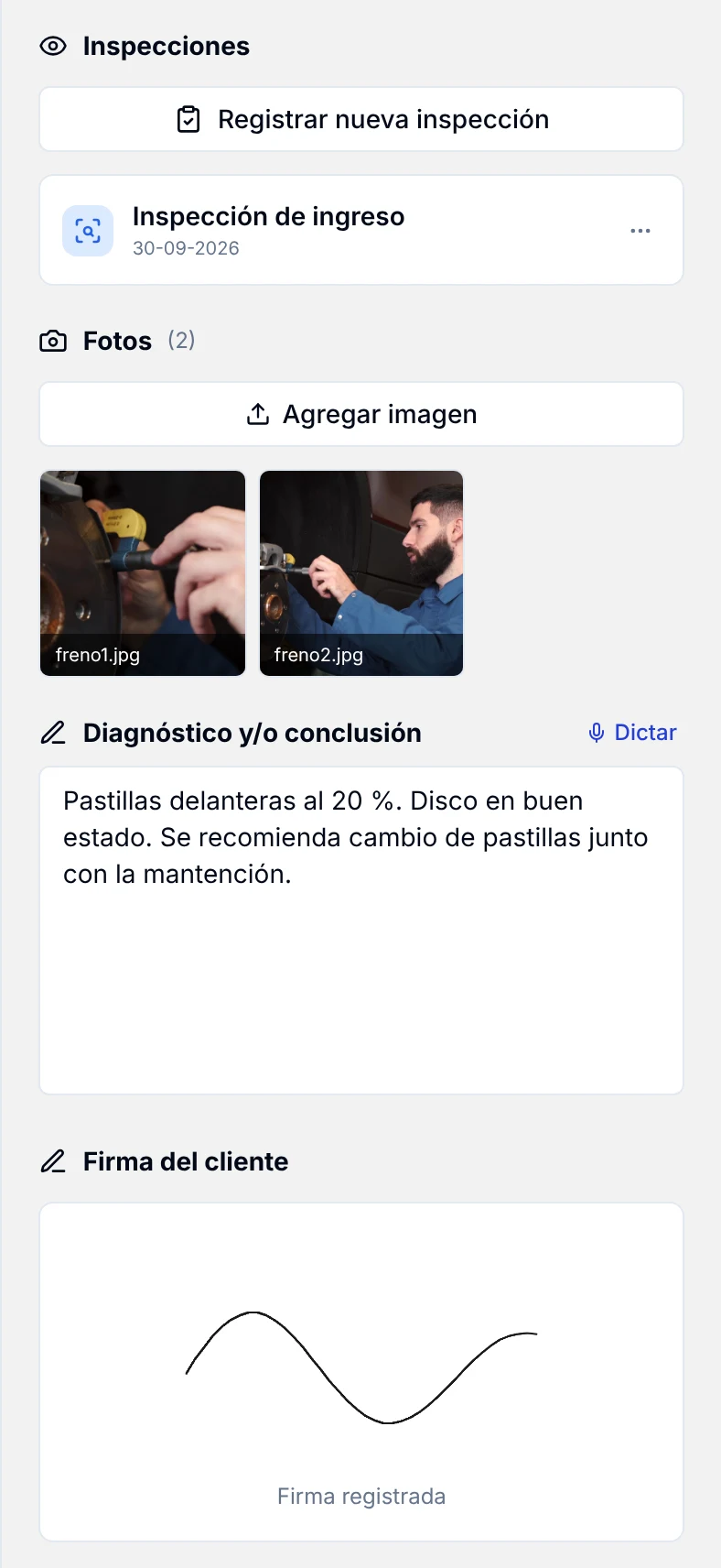 Fotos, diagnóstico y firma del cliente registrados en el ingreso del vehículo