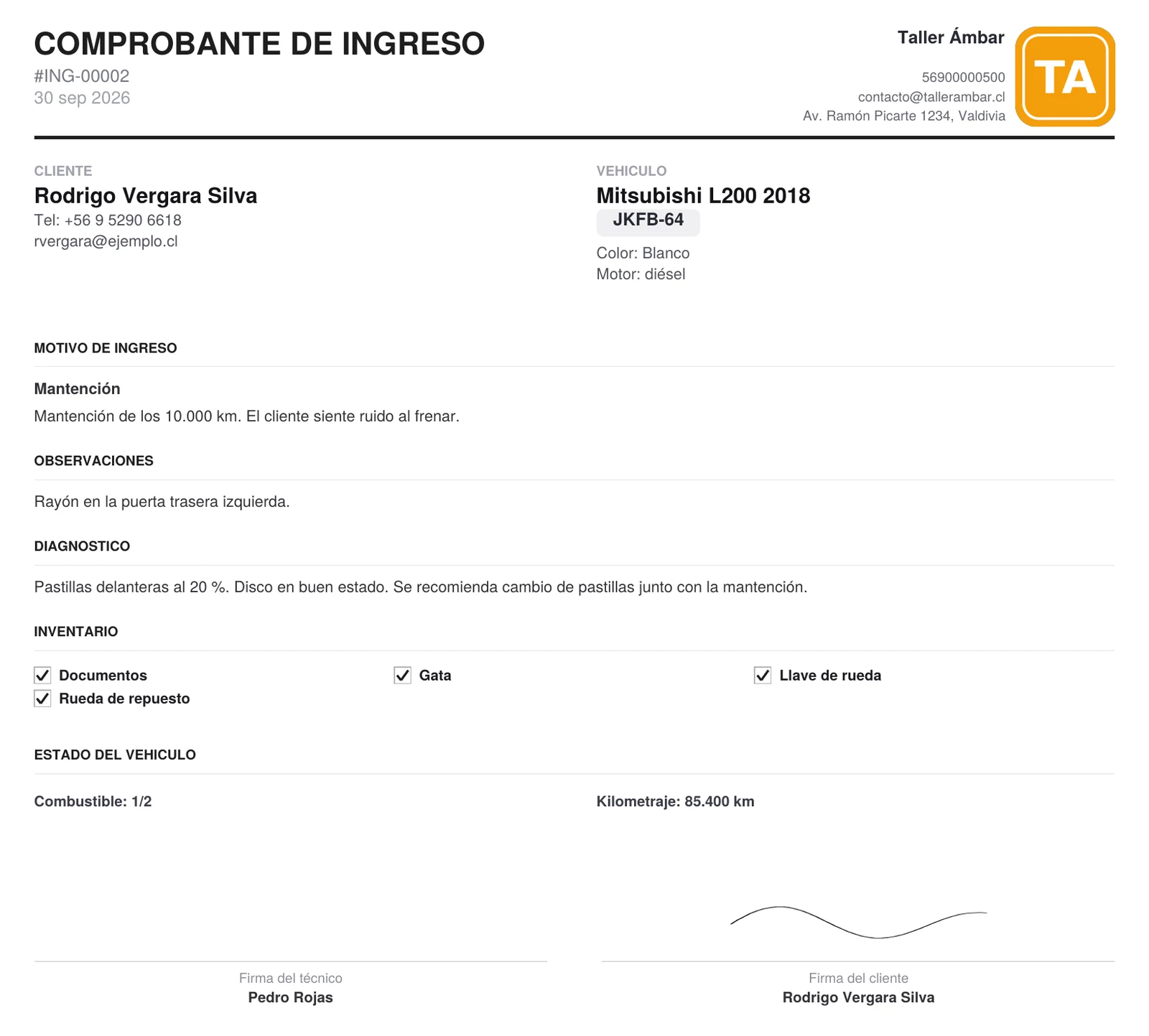 Ejemplo de acta de recepción de vehículo de taller en PDF: comprobante de ingreso con inventario, kilometraje y firmas