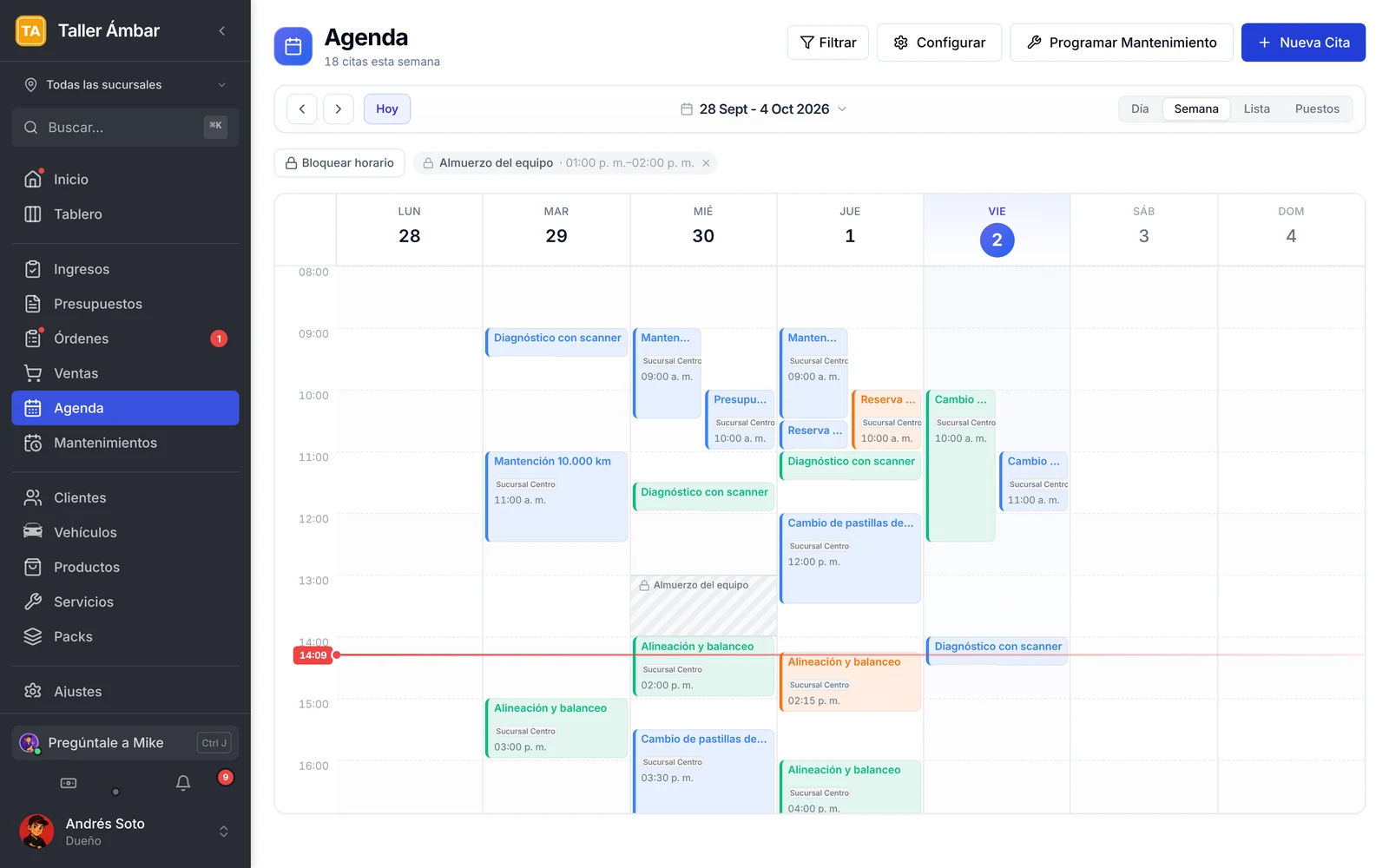 Pantalla Agenda en vista Semana con las citas de cada día y el menú lateral