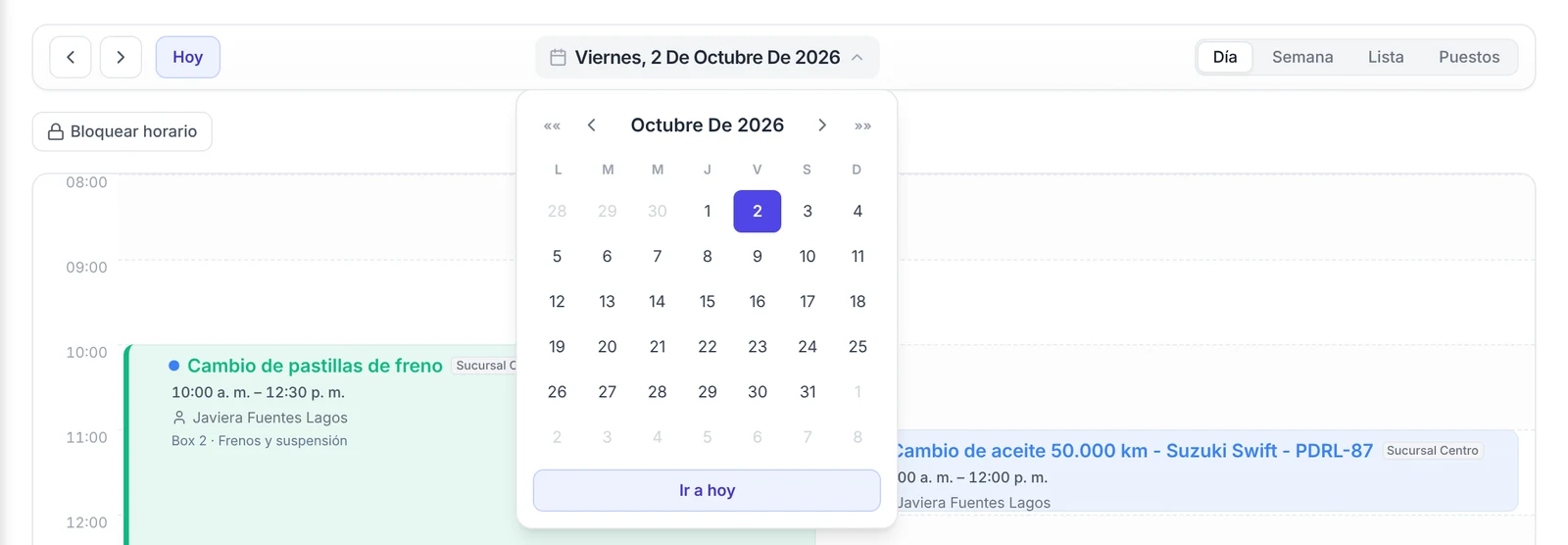 Calendario desplegado para elegir una fecha en la Agenda, con el botón Ir a hoy