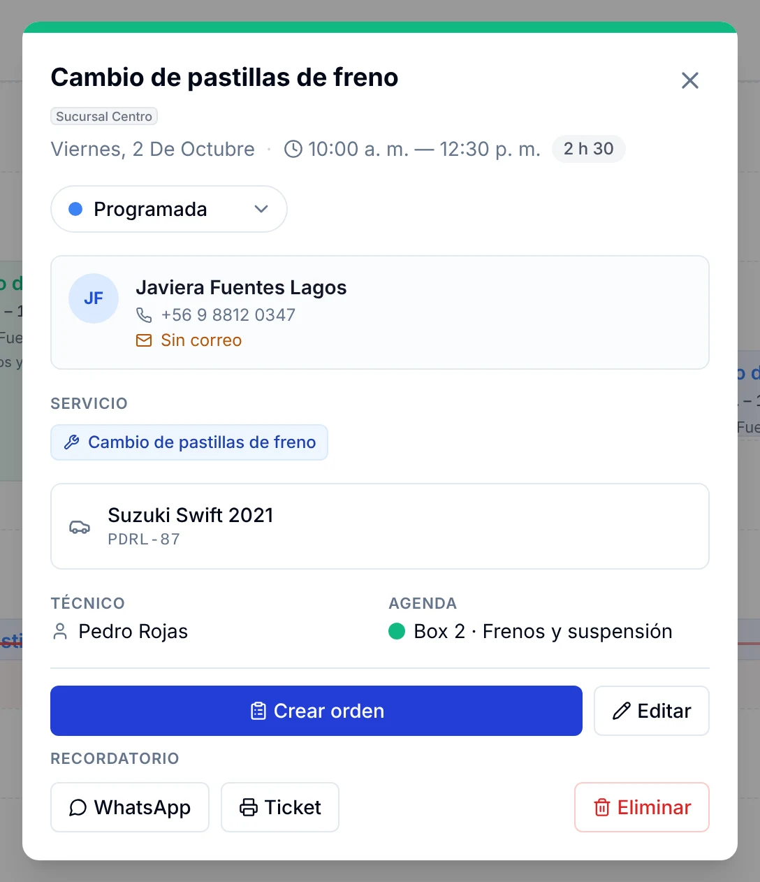 Detalle de una cita de hoy con el selector de estado, el cliente, el vehículo, el técnico y el puesto