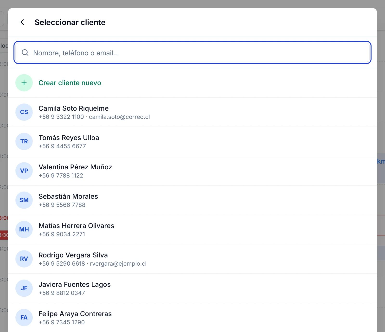 Ventana Seleccionar cliente con el buscador y la opción Crear cliente nuevo