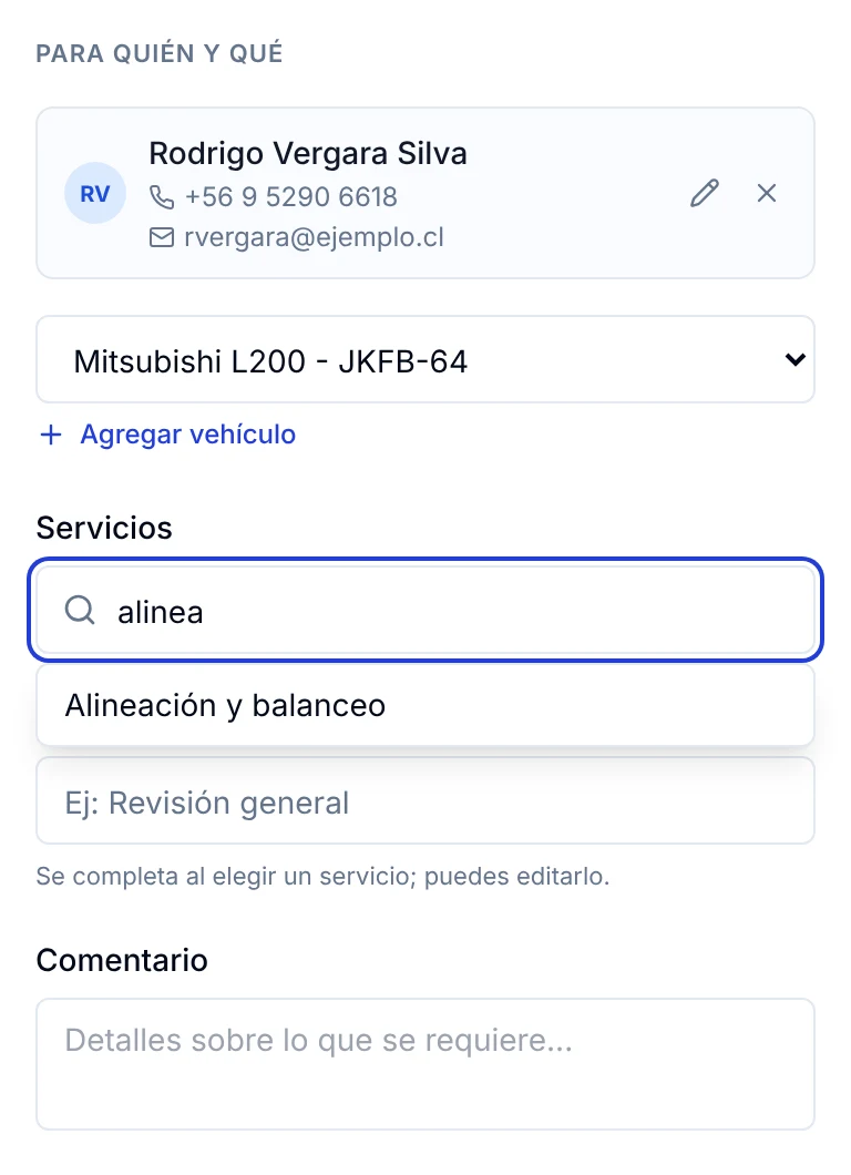 Buscador de servicios del formulario de cita mostrando el resultado Alineación y balanceo