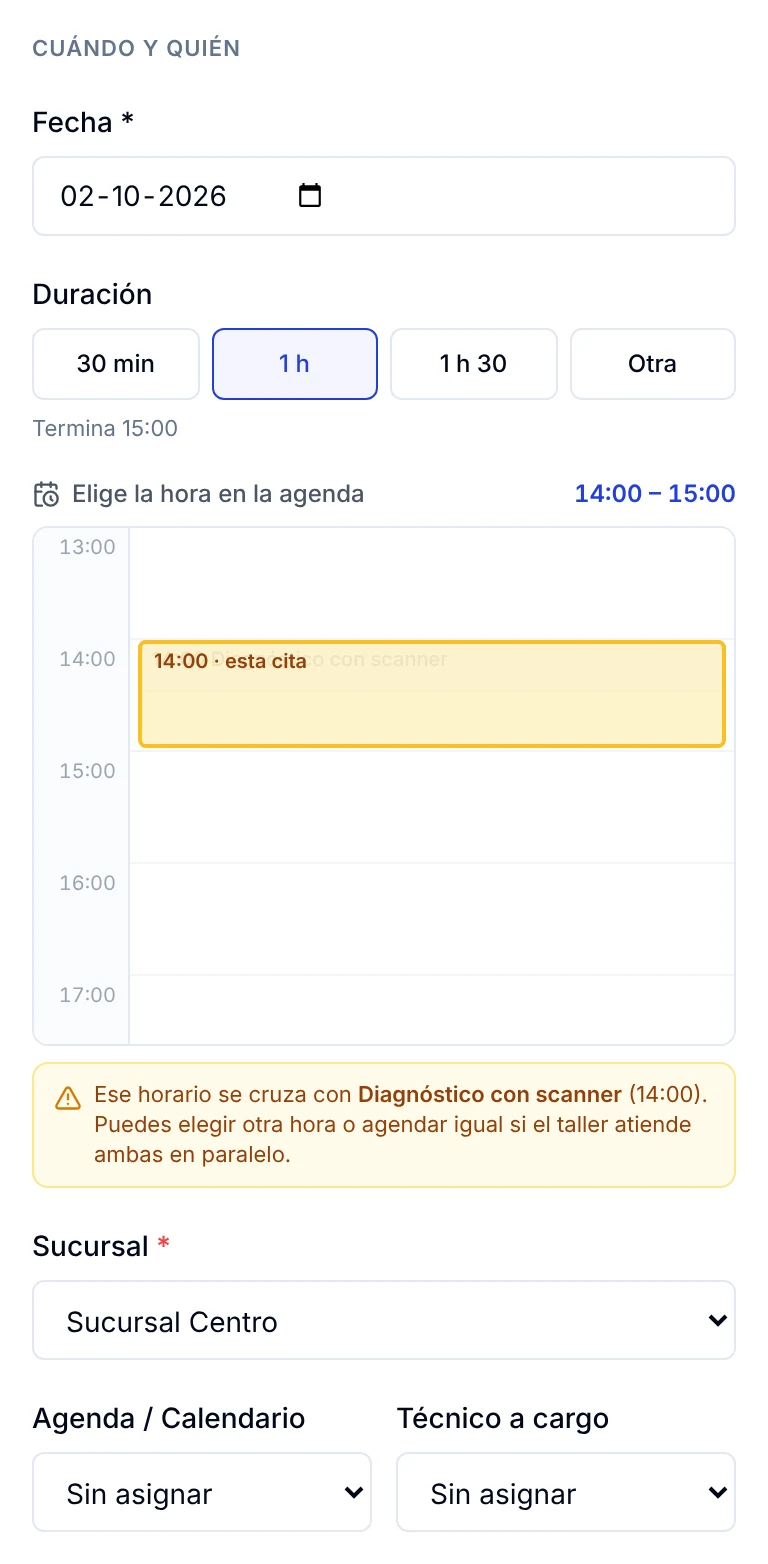 Aviso amarillo que indica que el horario elegido se cruza con otra cita del día