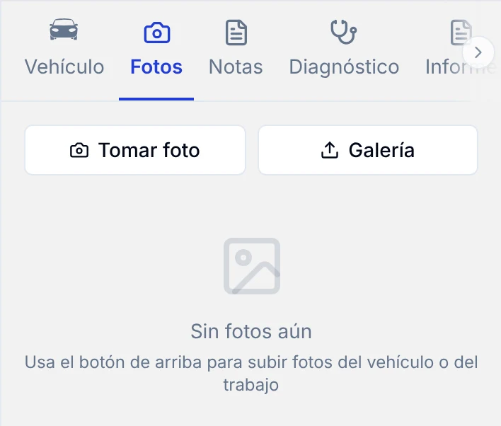 Pestaña Fotos vacía con los botones Tomar foto y Galería
