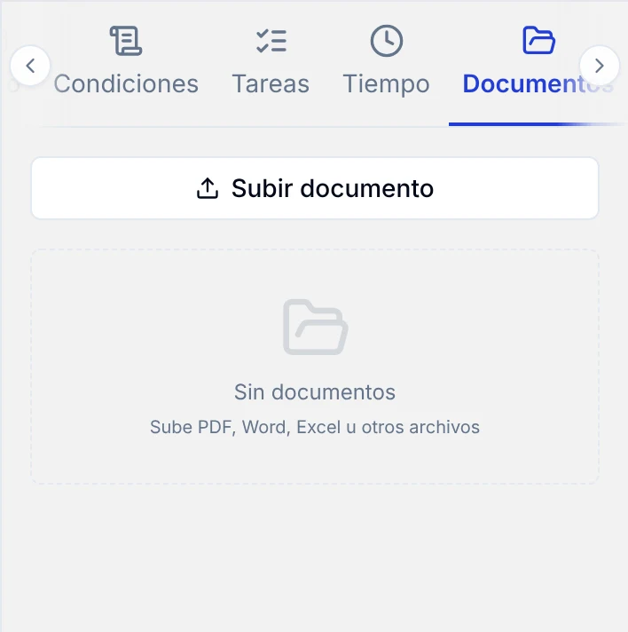 Pestaña Documentos con el botón Subir documento
