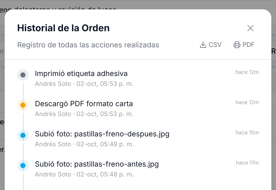 Historial de la orden con el registro de las fotos subidas