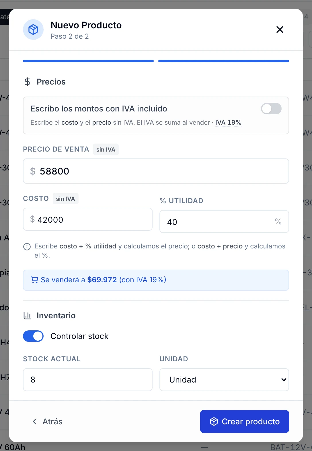 Paso 2 de Nuevo Producto con precio de venta, costo, utilidad, stock actual y unidad