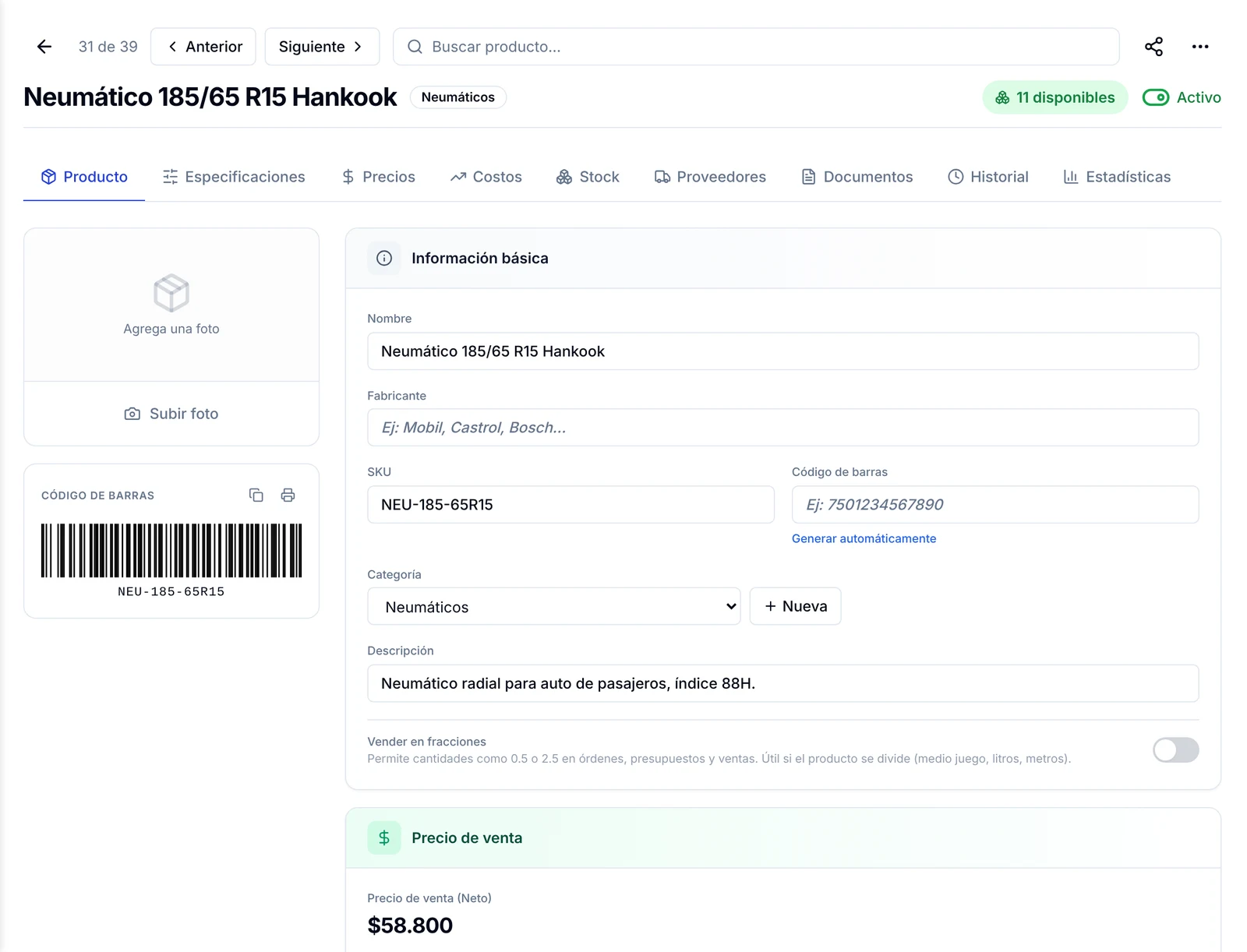 Ficha del producto recién creado con información básica, código de barras y precio de venta