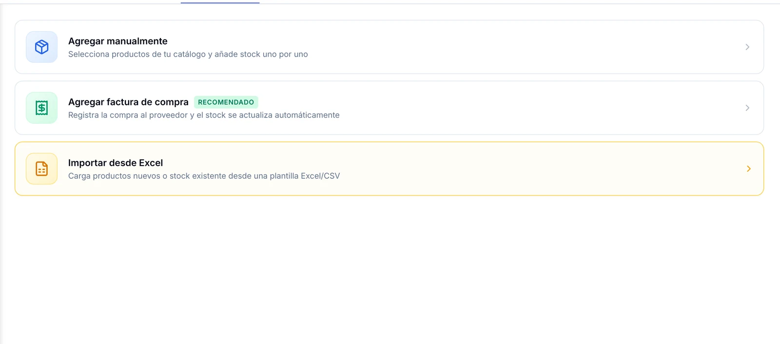 Opciones de Agregar stock: Agregar manualmente, Agregar factura de compra e Importar desde Excel
