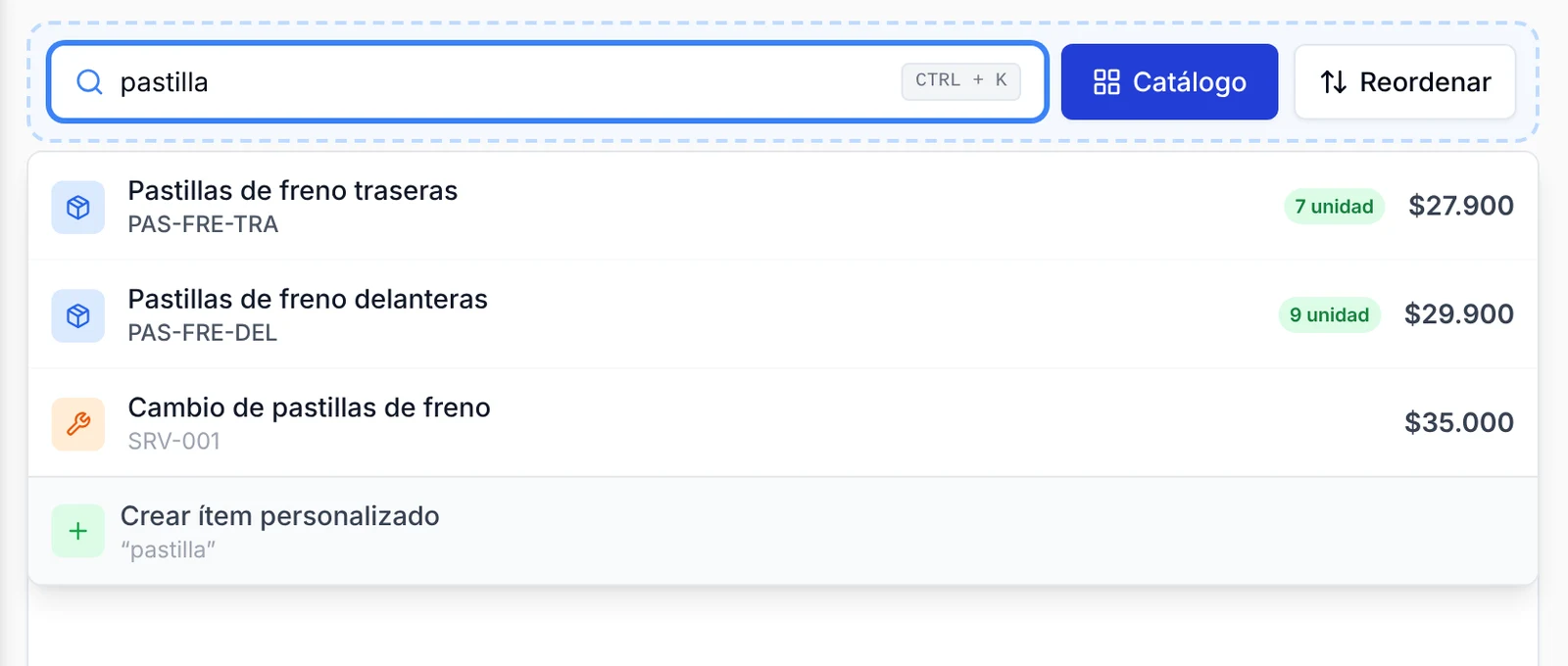 Buscador de la orden con sugerencias de productos y servicios, stock y precio