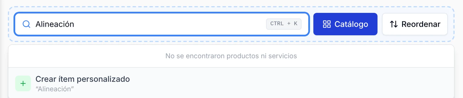 Opción Crear ítem personalizado cuando la búsqueda no encuentra productos ni servicios