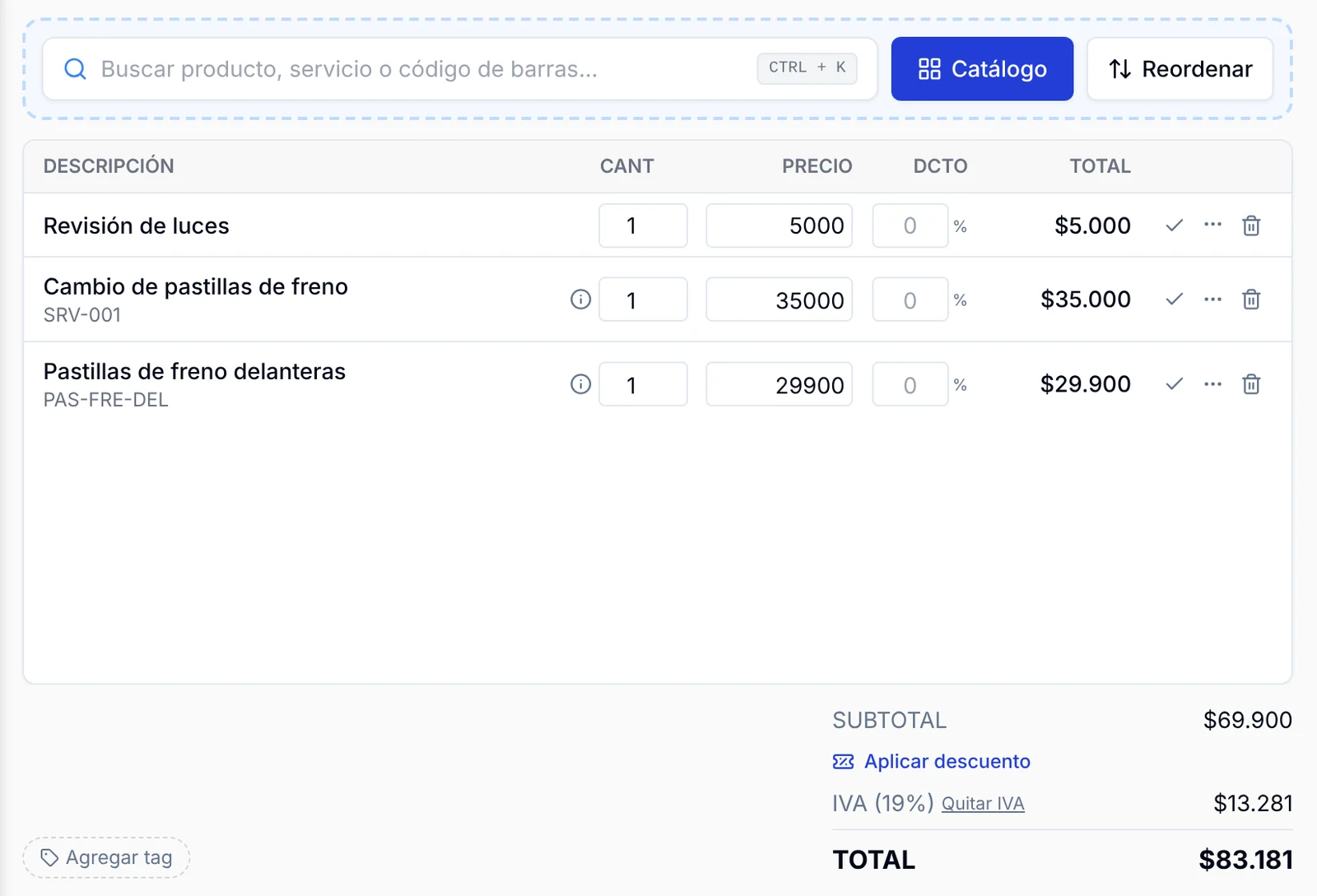 Tabla de ítems de la orden con cantidad, precio, descuento y los totales debajo