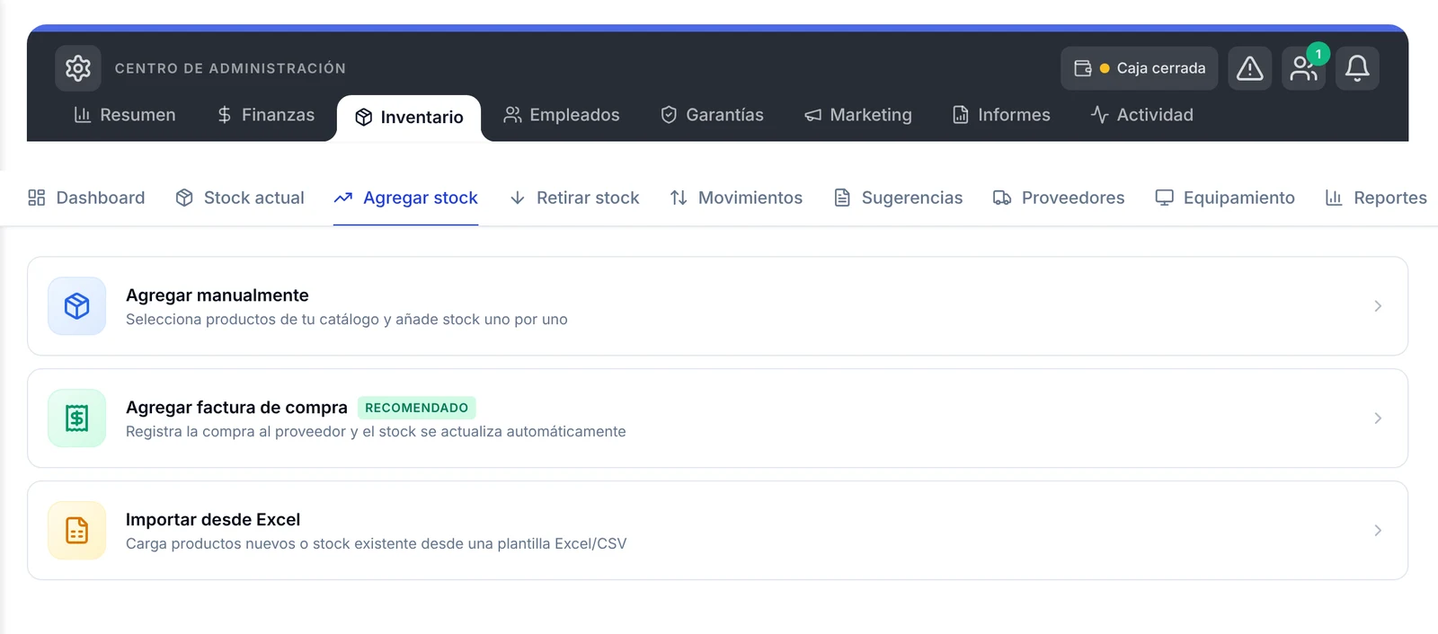 Opciones de Agregar stock en Inventario: manualmente, con factura de compra o desde Excel