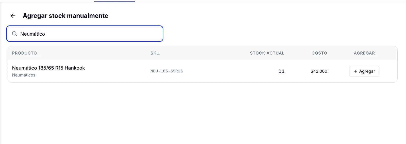 Buscador de Agregar stock manualmente con el producto encontrado y el botón Agregar