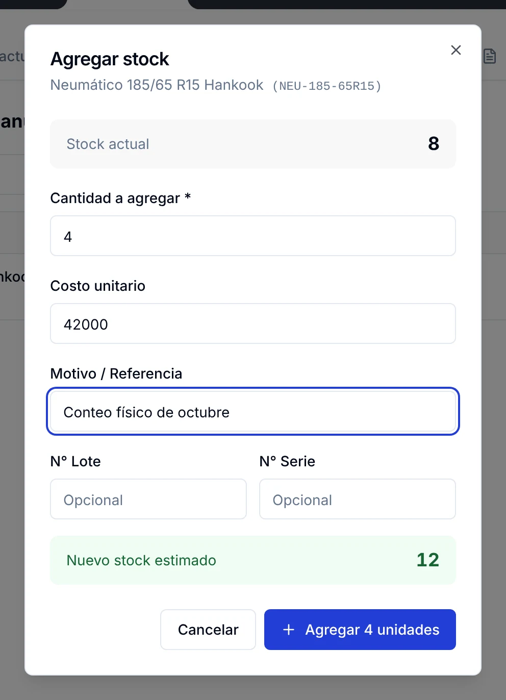 Ventana Agregar stock con cantidad, costo unitario, motivo y nuevo stock estimado