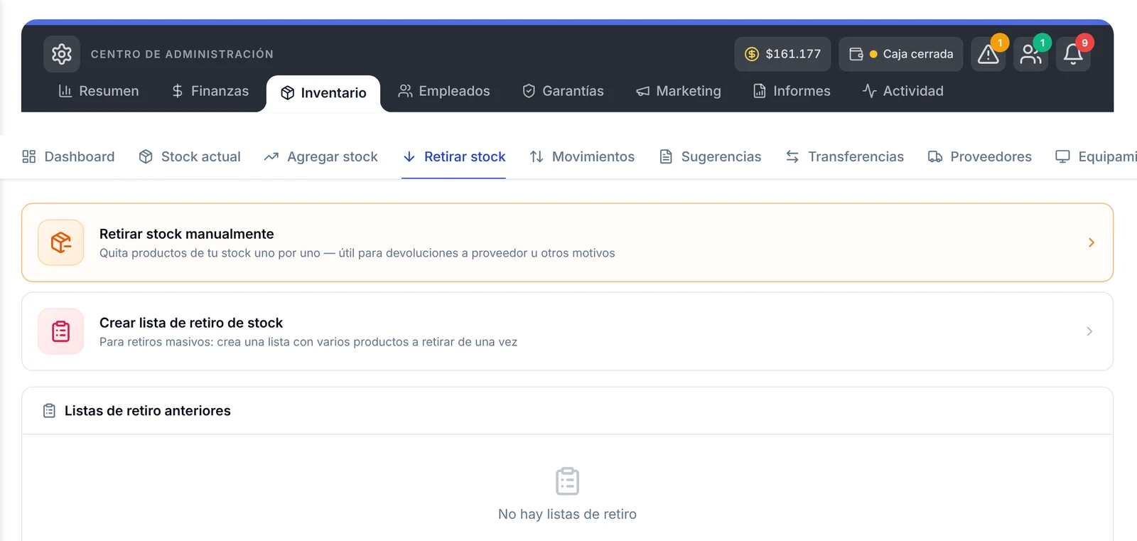 Opciones de Retirar stock: retirar manualmente o crear una lista de retiro