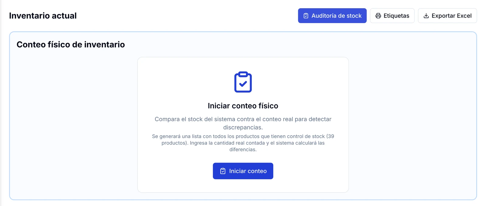 Bloque Conteo físico de inventario con el botón Iniciar conteo
