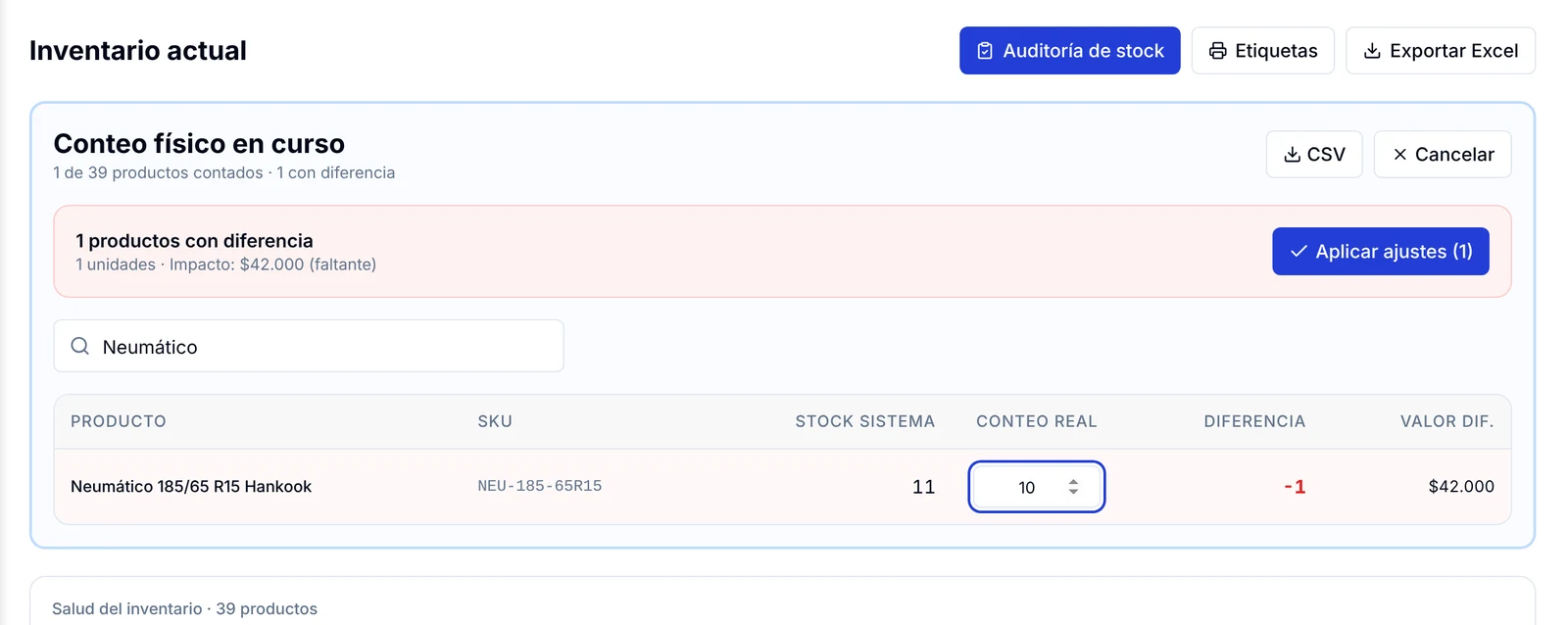 Conteo físico en curso con stock del sistema, conteo real, diferencia y botón Aplicar ajustes