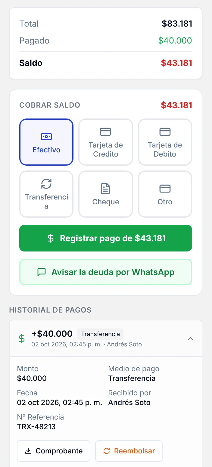 Pestaña Pago de la orden con el total, el anticipo pagado, el saldo pendiente y el historial de pagos