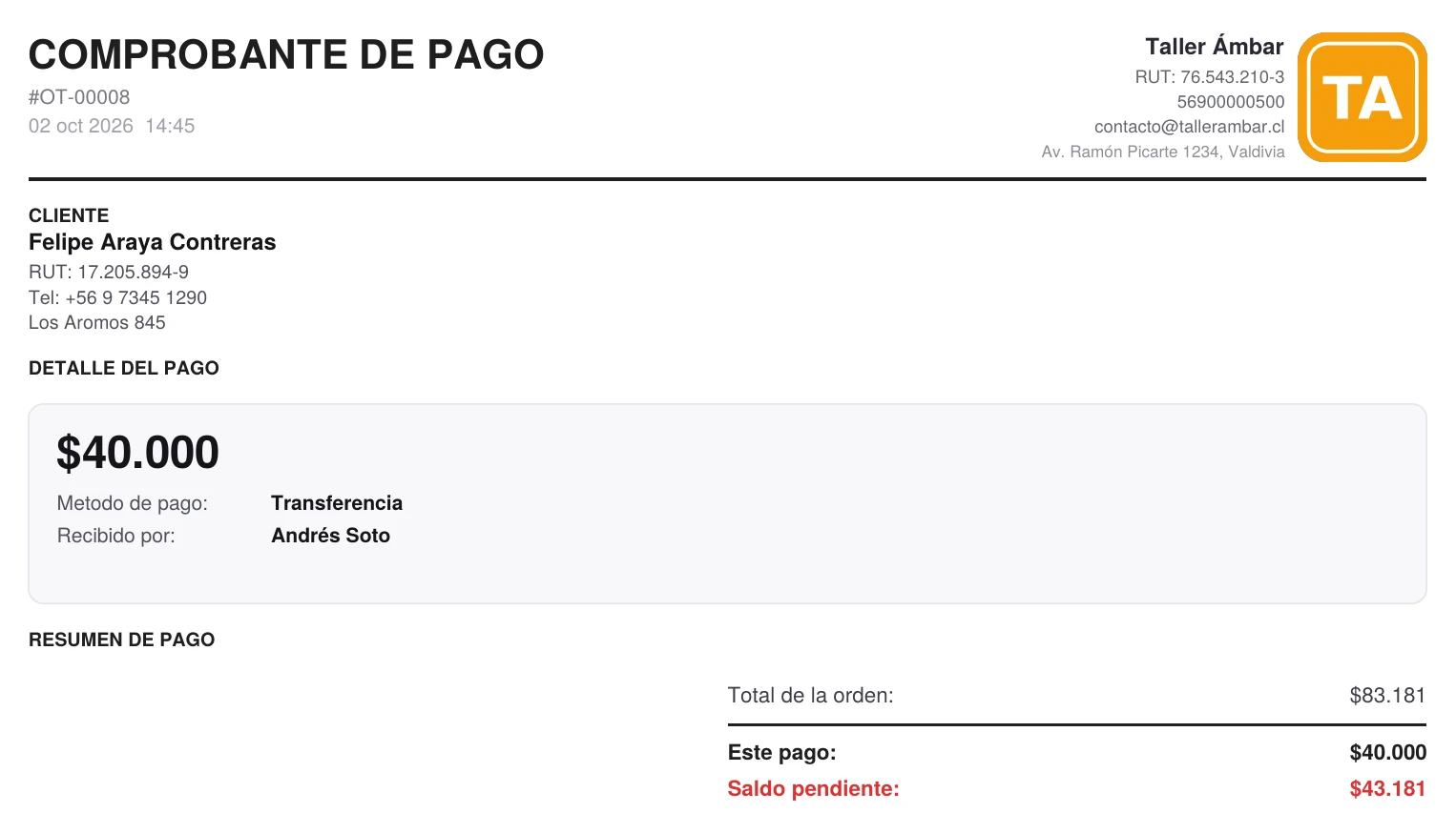 Comprobante de anticipo en PDF generado por ServitechCloud, con el pago de 40.000 y el saldo pendiente de la orden