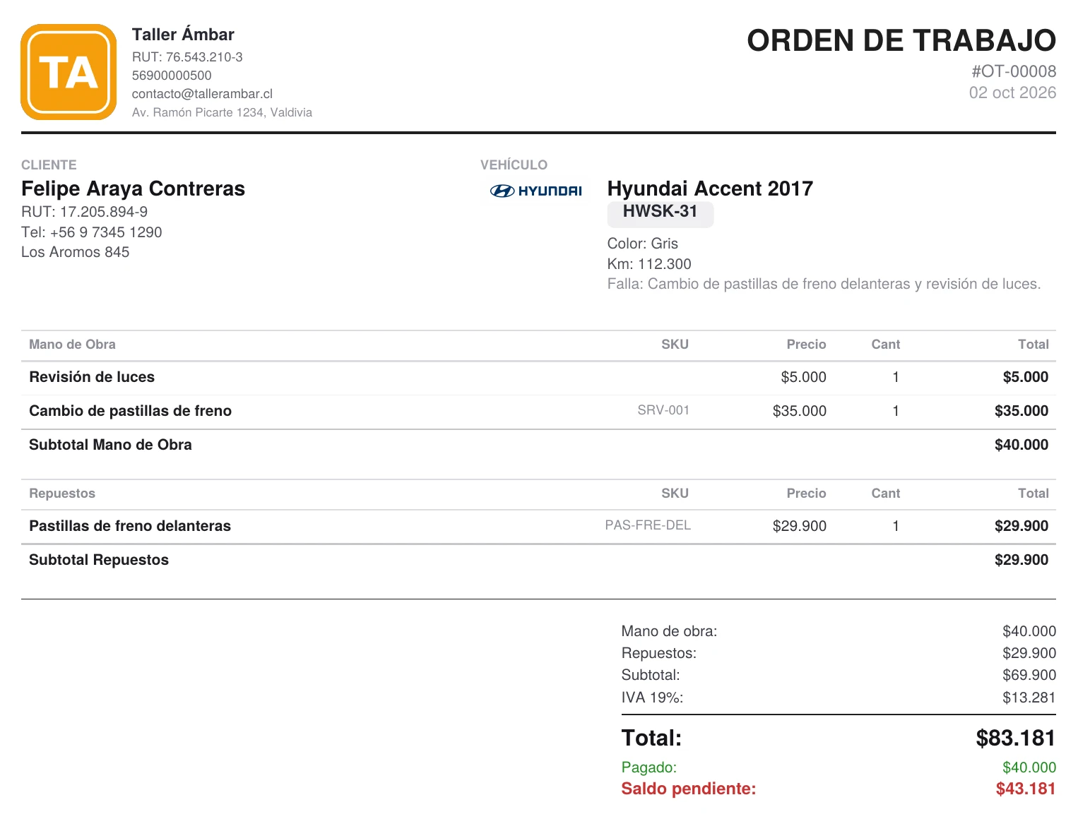 Orden de trabajo en PDF de un taller mecánico con el anticipo pagado y el saldo pendiente bajo el total
