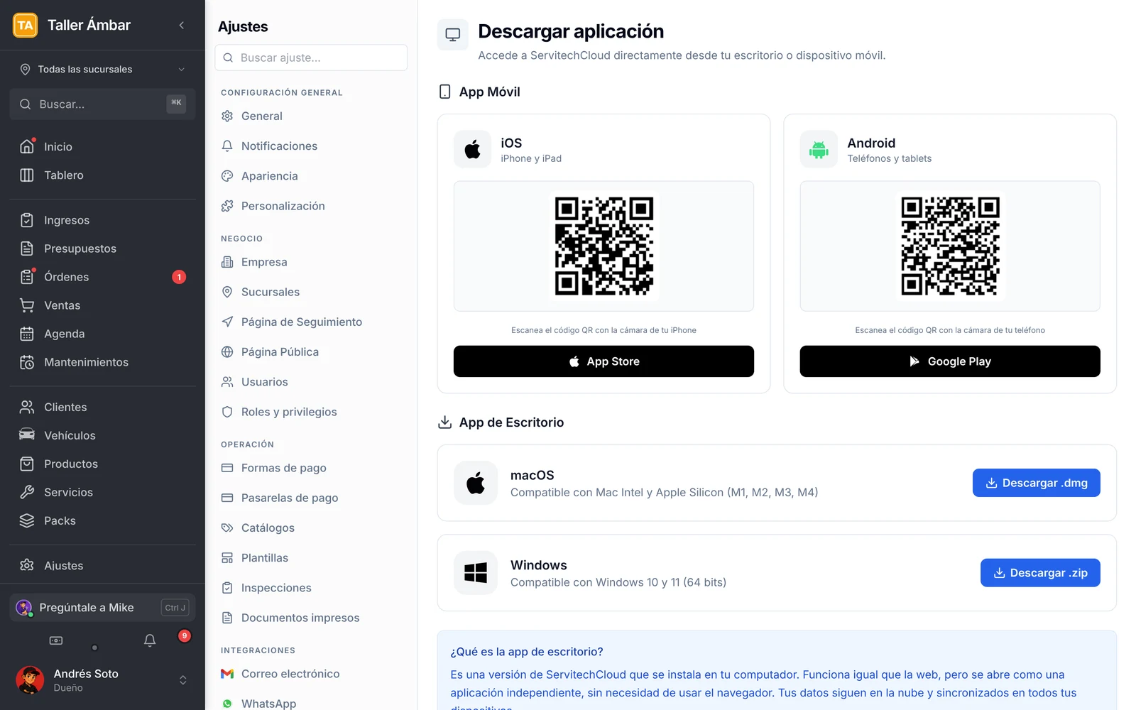 Pantalla Descargar aplicación con las secciones App Móvil y App de Escritorio dentro de Ajustes