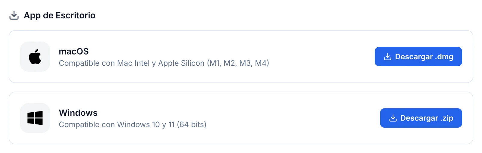Sección App de Escritorio con las tarjetas macOS y Windows y sus botones Descargar .dmg y Descargar .zip