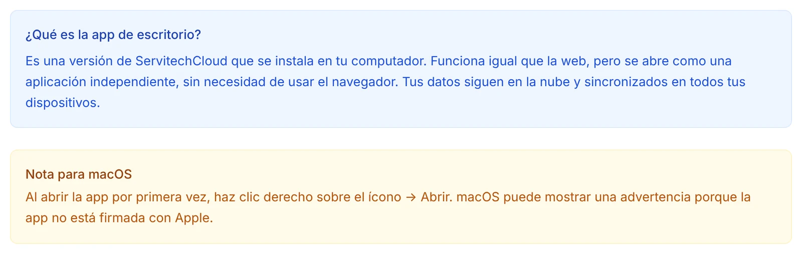 Recuadros de la pantalla de descarga: qué es la app de escritorio y la nota para macOS sobre abrirla con clic derecho