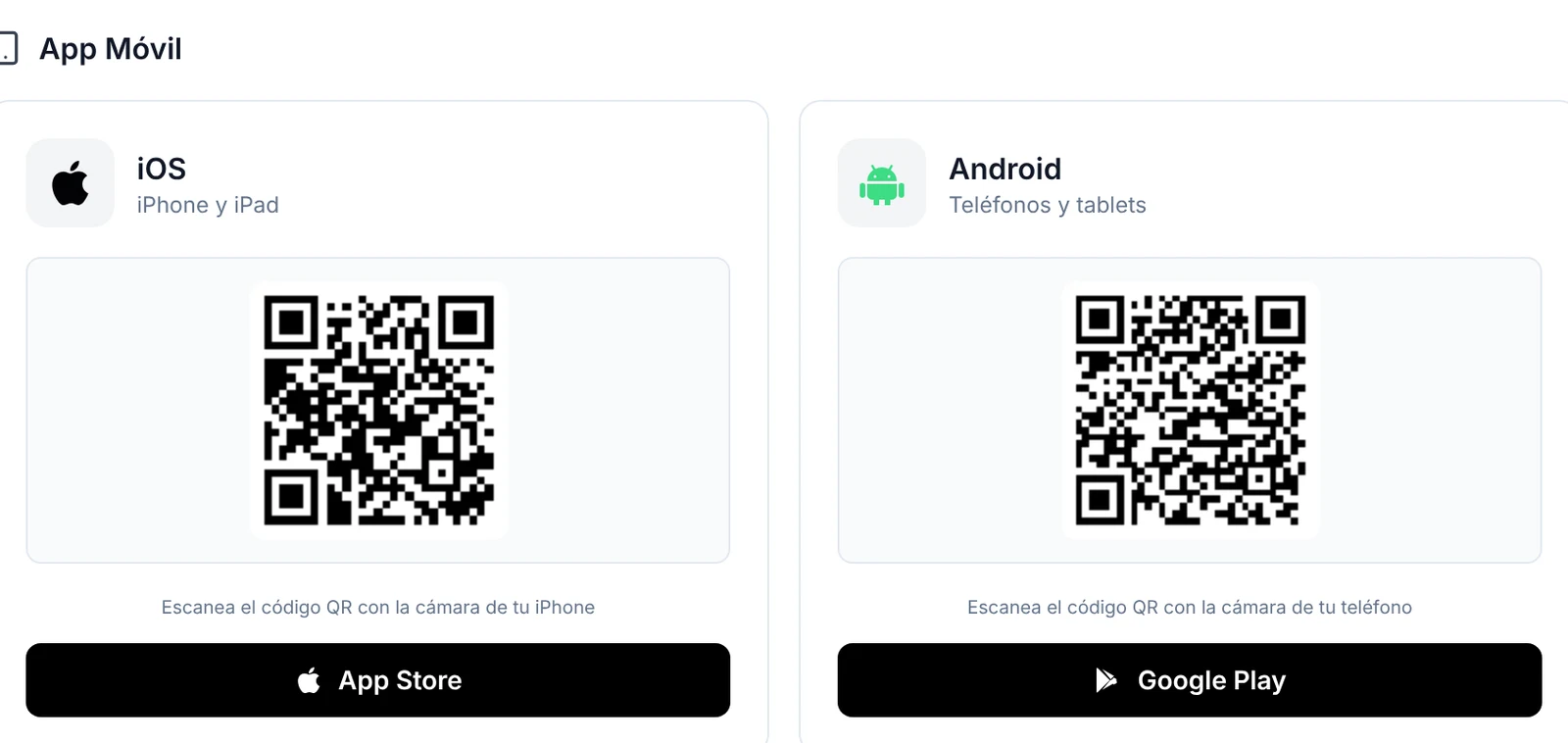 Sección App Móvil con los códigos QR y los botones App Store y Google Play