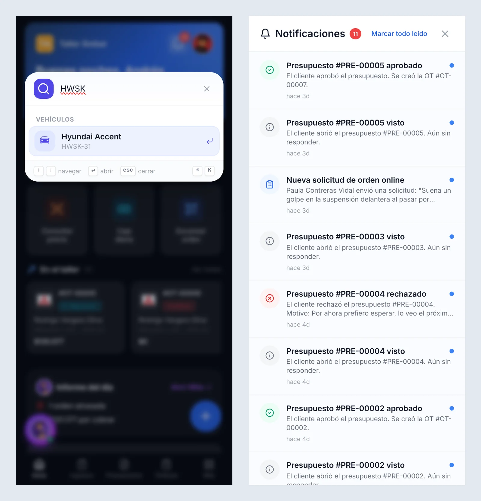 Buscador del celular mostrando un vehículo por su placa, junto al panel de Notificaciones