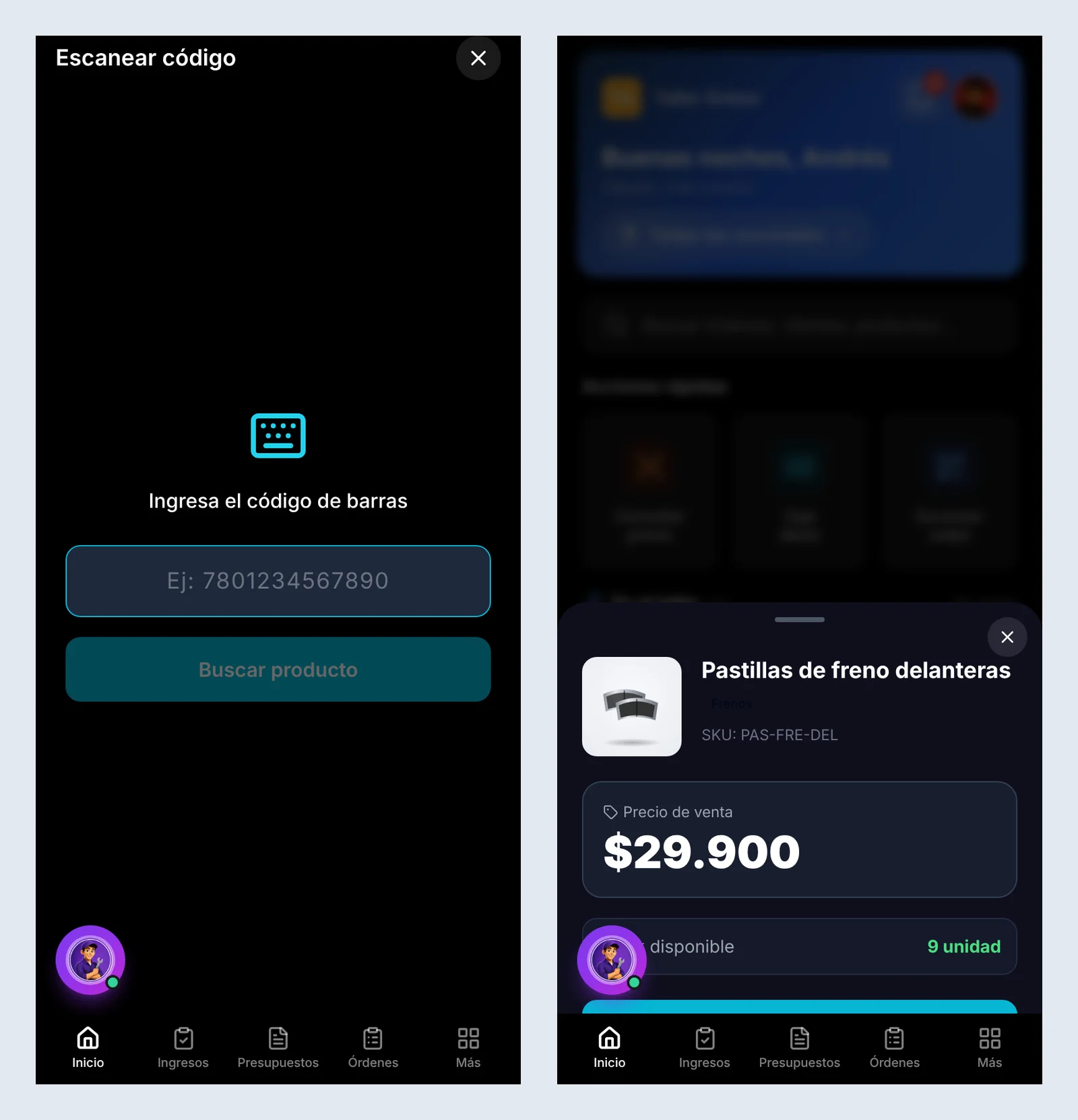 Consulta de precio en el celular: ingreso manual del código y ficha del producto con precio de venta y stock