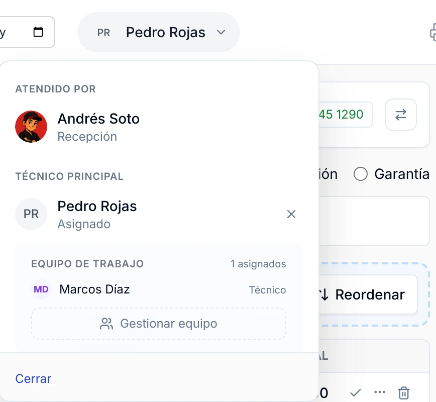 Panel de la orden con el técnico principal asignado y el equipo de trabajo