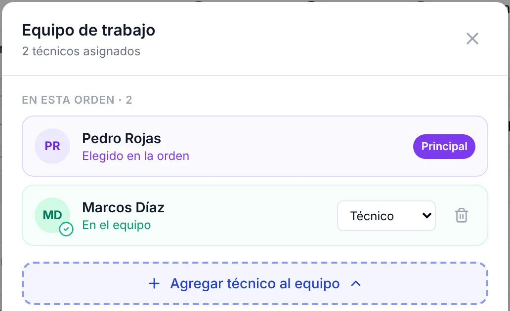 Ventana Equipo de trabajo con el técnico principal y un segundo integrante
