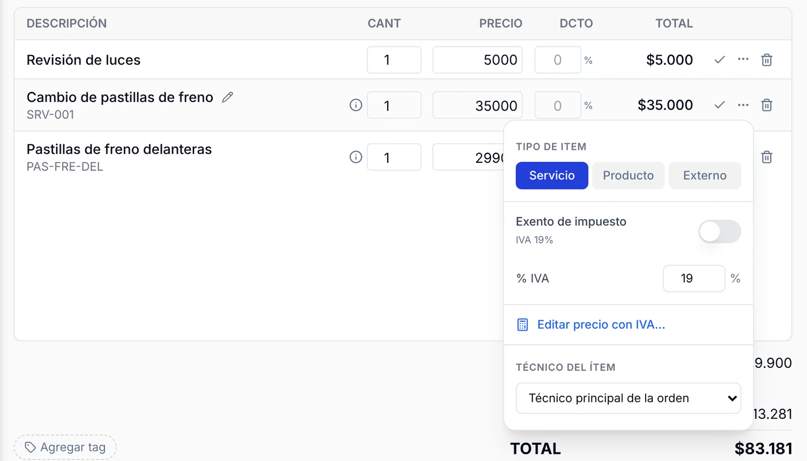 Menú de un ítem con la lista Técnico del ítem al final