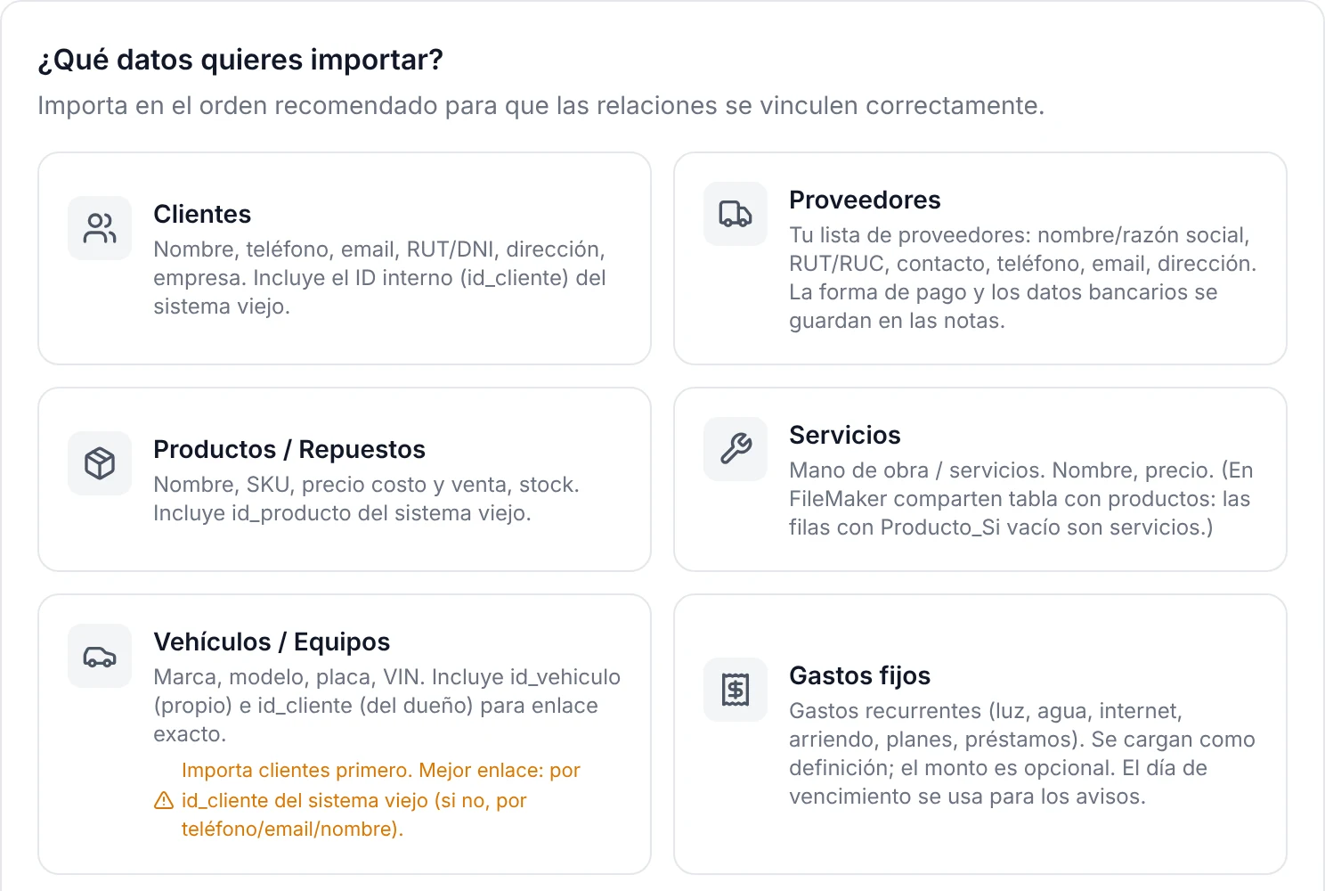 Tipos de datos que puedes importar desde Excel: clientes, proveedores, productos, servicios, vehículos y gastos fijos