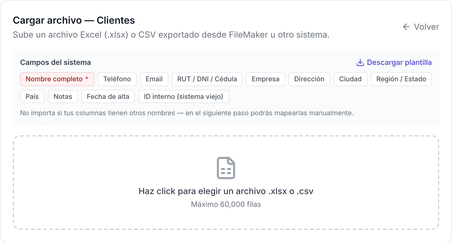 Campos del sistema para clientes y el enlace Descargar plantilla, antes de subir el archivo Excel