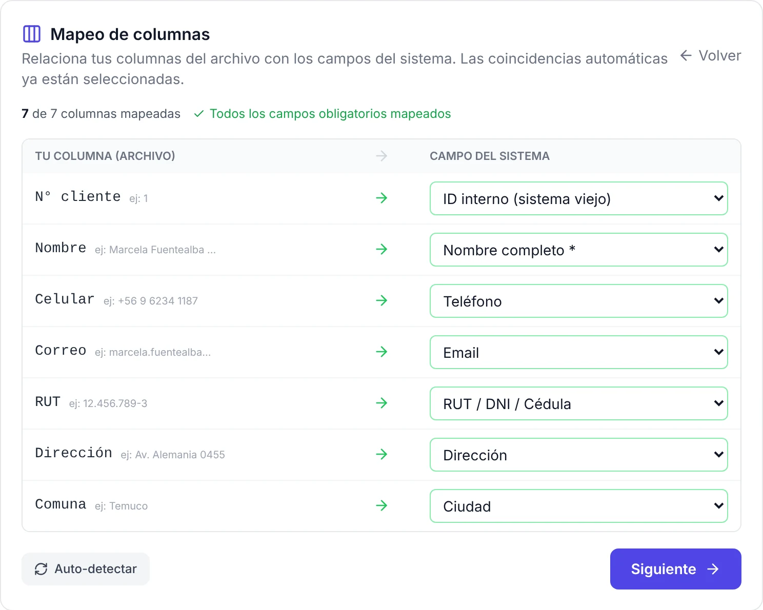 Mapeo de columnas de la base de datos de clientes en Excel con los campos del sistema