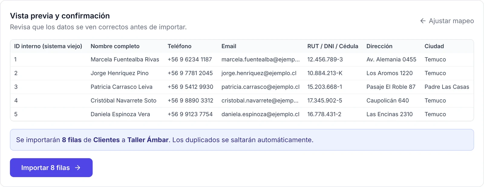 Vista previa de los clientes del Excel antes de importar, con ID interno, nombre, teléfono, correo, RUT, dirección y ciudad