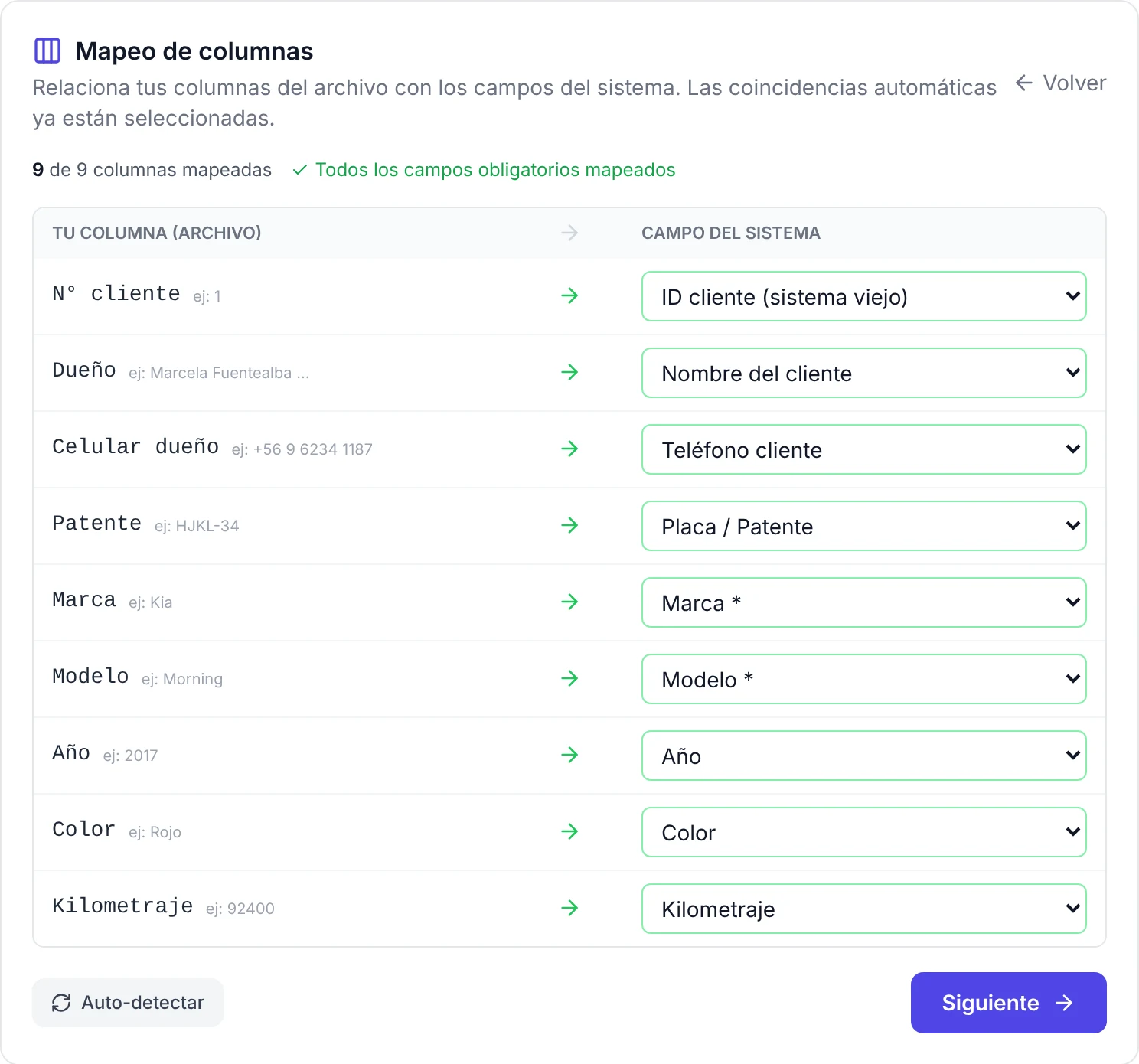 Mapeo de columnas de vehículos: patente, marca, modelo y los datos del dueño para enlazarlo con su cliente