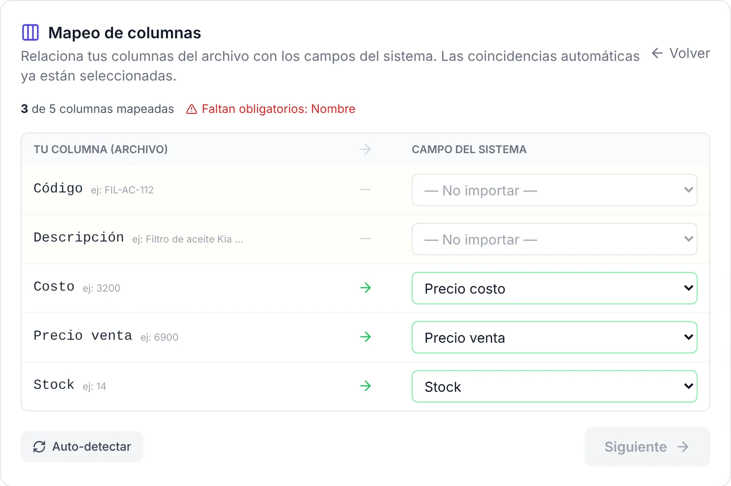 Aviso Faltan obligatorios: Nombre al importar repuestos desde Excel, con el botón Siguiente desactivado