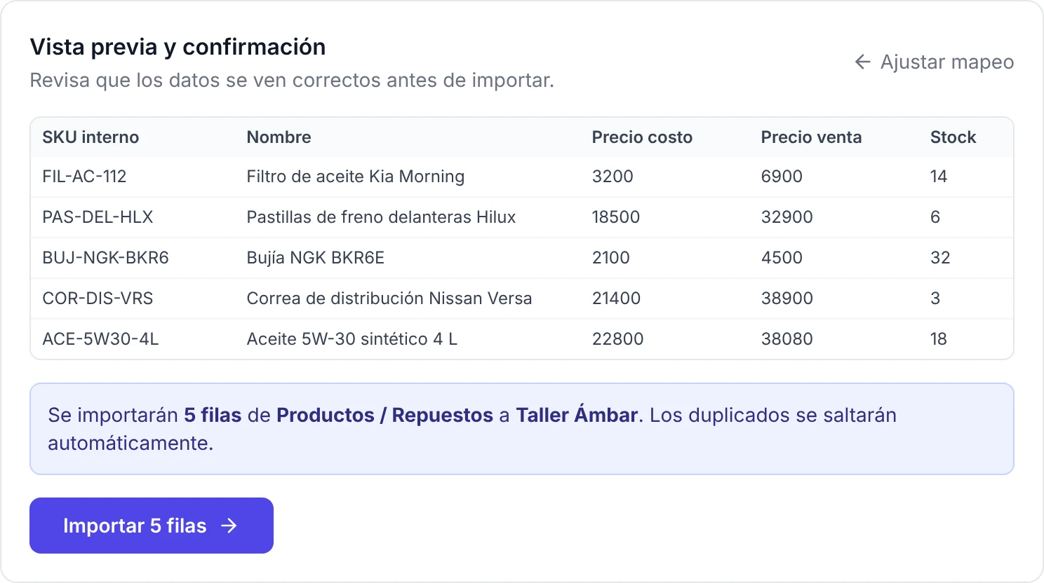 Vista previa de repuestos importados desde Excel con SKU, nombre, precio de costo, precio de venta y stock