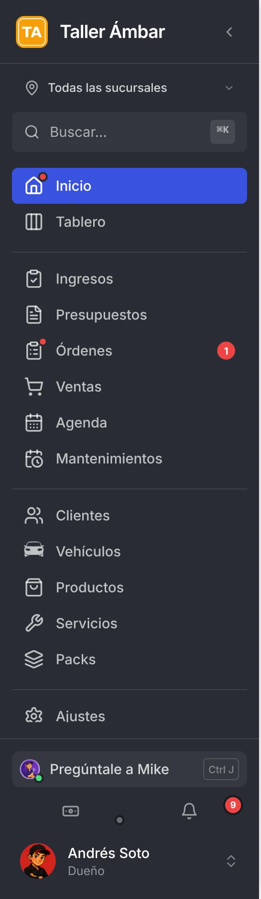 Menú lateral de ServitechCloud con Inicio, Tablero, Ingresos, Presupuestos, Órdenes y más