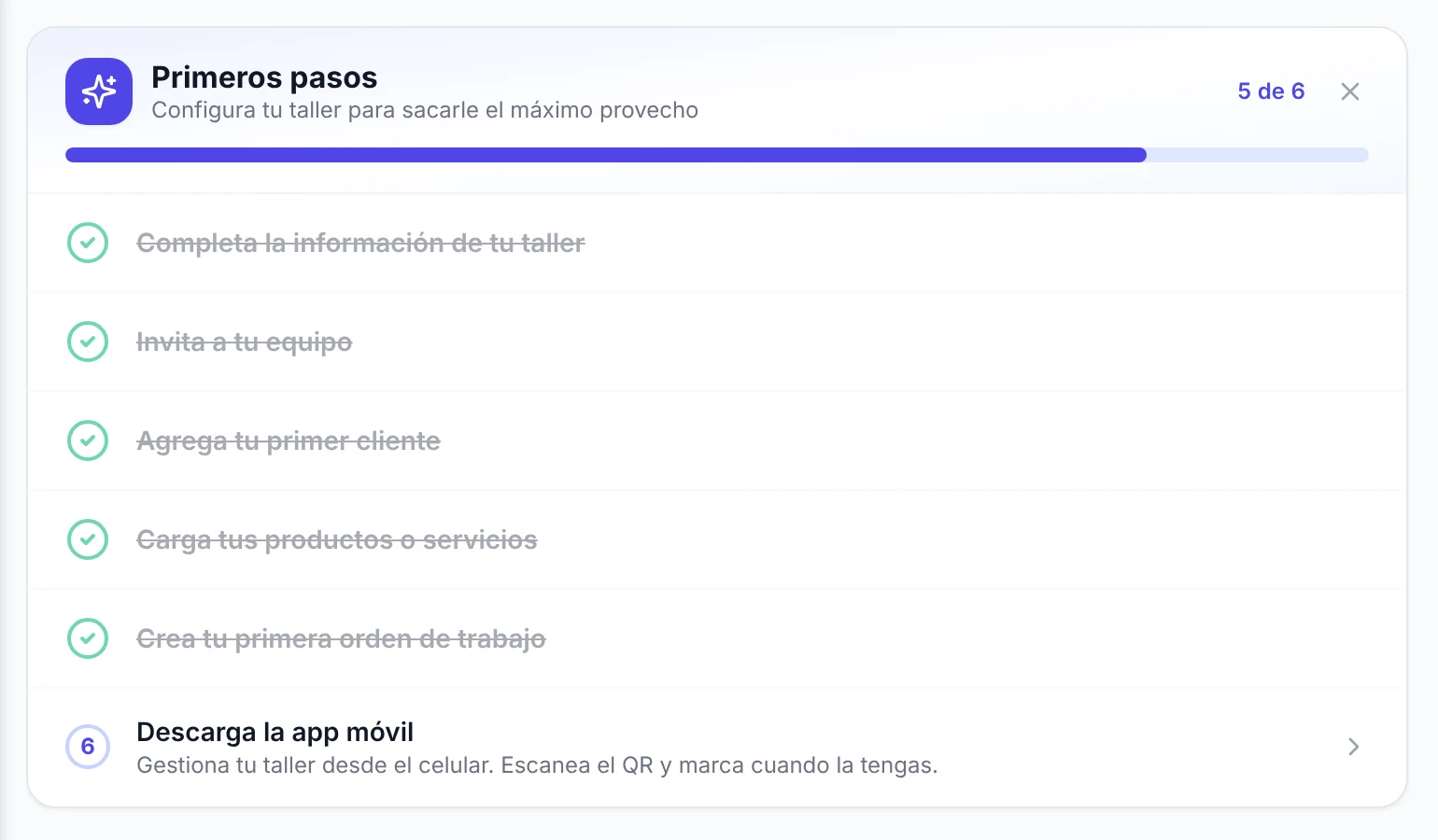 Tarjeta Primeros pasos con seis tareas y la barra de avance de la configuración