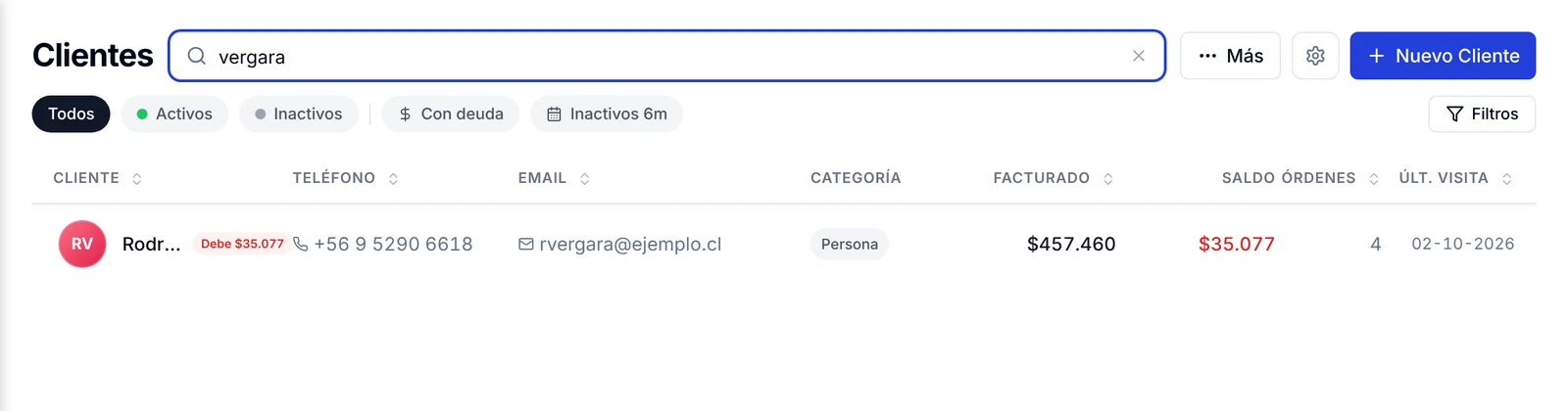 Buscador de clientes con el texto vergara y un solo resultado en la lista