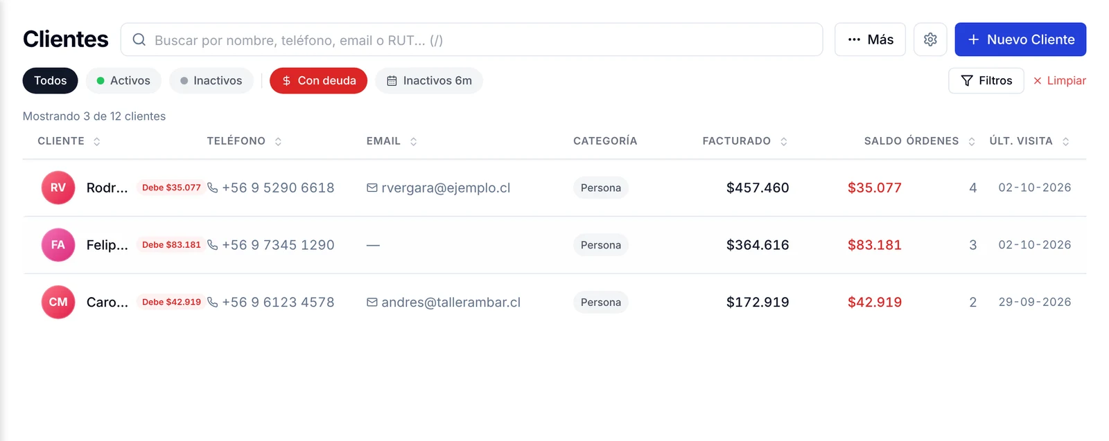 Filtro rápido Con deuda aplicado en la lista de clientes