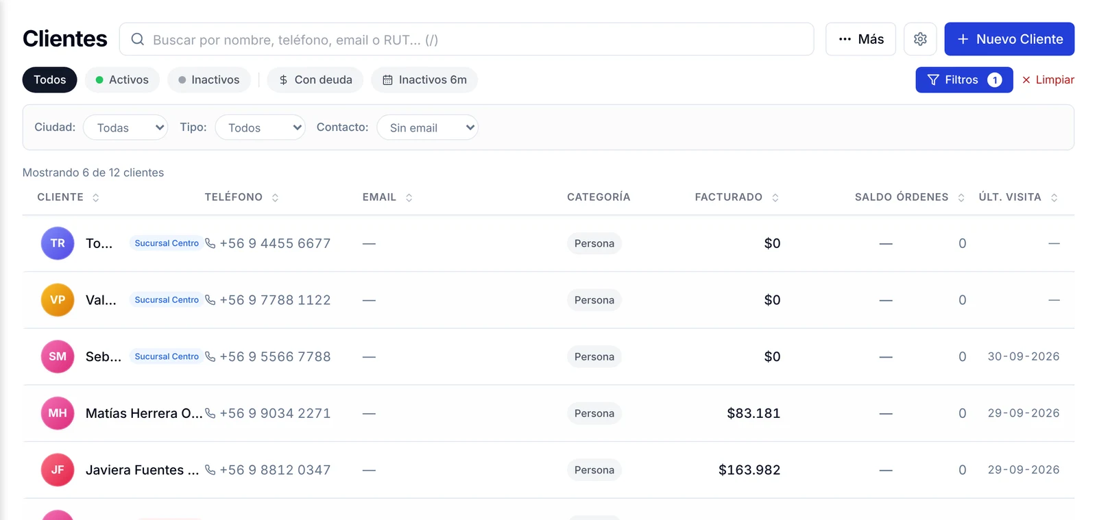 Panel de filtros con los desplegables Ciudad, Tipo y Contacto