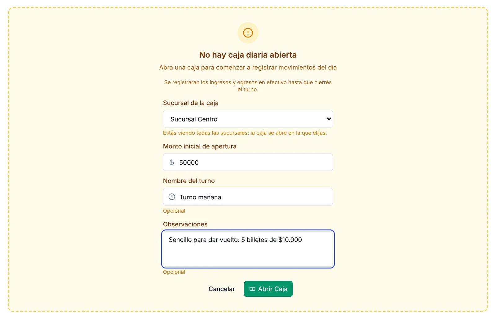 Formulario para abrir la caja con sucursal, monto inicial de apertura, nombre del turno y observaciones